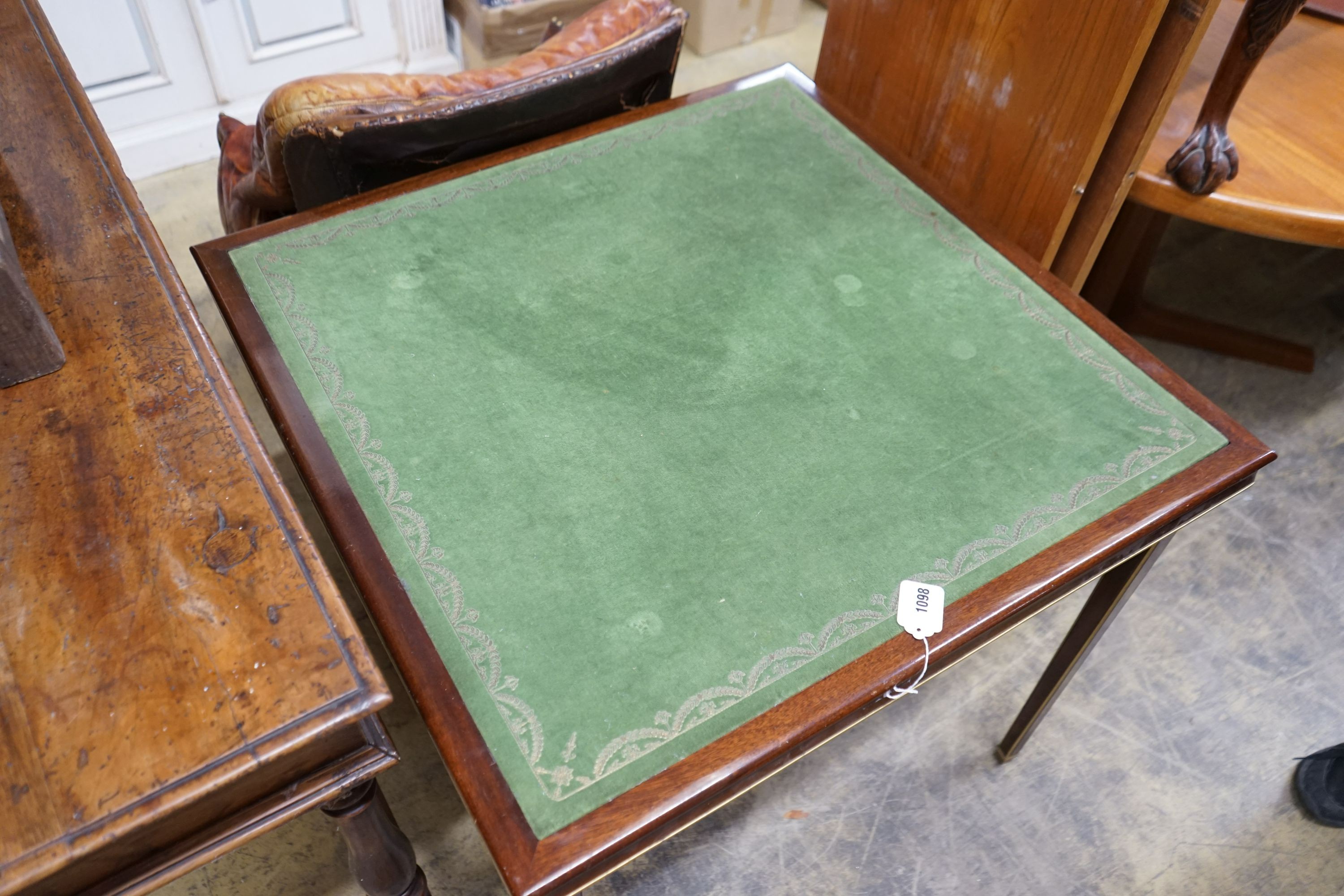 A French mahogany and ormolu mounted folding card table, width 80cm, height 73cm